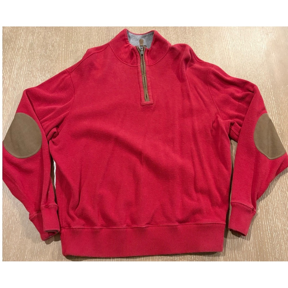 Cremieux Mens Large Red Quarter Zip Sweater Elbow‎ Patch Pullover Casual EUC
